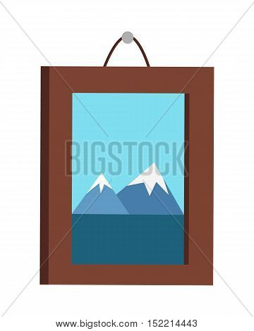 Picture in frame hanging on the wall. Mountain landscape on the picture. Picture frame with natural landscape. Design element for interior. Isolated vector illustration on white background.