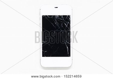 Mobile phone screen is cracked isolated on white background.