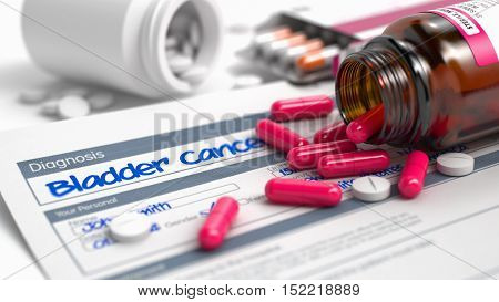Bladder Cancer - Handwritten Diagnosis in the History of the Present Illness. Medicine Concept with Red Pills, CloseUp View, Selective Focus. 3D Illustration.