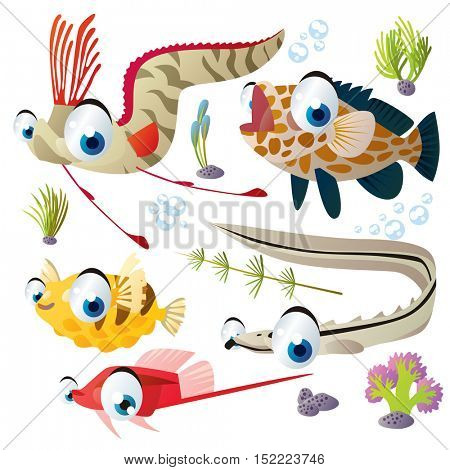 cute vector cartoon fish collection. colorful illustrations of sea life animals. oarfish, grouper, sablefish, puffer, guppy