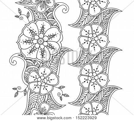 Collection of two vertical monochrome seamless pattern floral borders isolated on white background. black and white zentangle hand drawn doodle style. Coloring book for adult and children. Editable vector illustration.