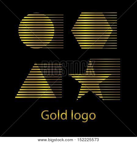 Gold logos. Vector simple shapes with golden stripes. Abstract icons signs symbols. Simple geometric abstraction.
