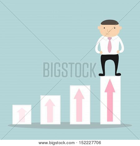 Businessman stands on top of chart. Vector illustration.