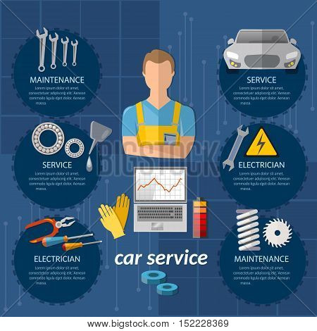 Car service infographics mechanic auto service center car diagnostics tuning professional auto repair vector illustration