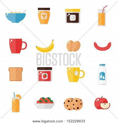 Food icons isolated on white background. Breakfast food set. Coffee, toast, corn flakes, juice, apple, banana, jam, honey, tea, milk, cookies, eggs, sausage. Flat style vector illustration.