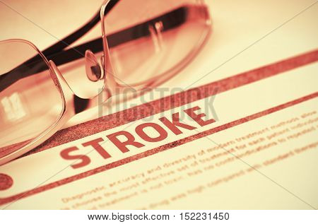 Stroke - Medicine Concept on Red Background with Blurred Text and Composition of Glasses. Stroke - Medical Concept with Blurred Text and Specs on Red Background. Selective Focus. 3D Rendering.