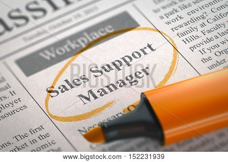 A Newspaper Column in the Classifieds with the Jobs of Sales Support Manager, Circled with a Orange Marker. Blurred Image. Selective focus. Job Seeking Concept. 3D Illustration.