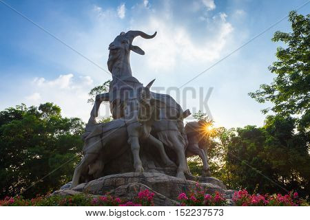 GUANGZHOU, CHINA - OCTOBER 4: Five Rams Statue the symbol of Guangzhou in Yuexiu Park on October 4, 2016 in Guangzhou, China.