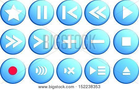 Media player buttons in vector collection. Media buttons in blue color.