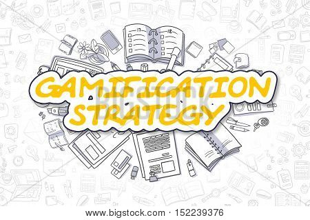 Business Illustration of Gamification Strategy. Doodle Yellow Word Hand Drawn Doodle Design Elements. Gamification Strategy Concept.