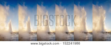 Great view of Strokkur geyser in morning light. Popular tourist attraction. Unusual and gorgeous scene. Location place Haukadalur valley area, Iceland, Europe. Vertical photo. Beauty world.