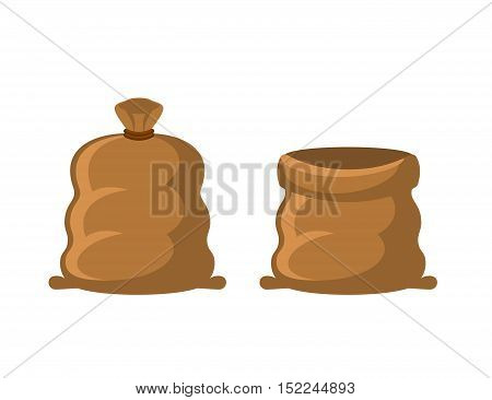 Empty And Full Sack. Brown Textile Bag On White Background
