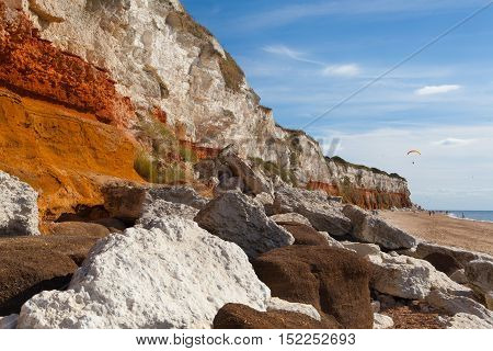 Hunstanton Cliffs in Norfolk.Great Britain.The famous striped cliffs of Hunstanton were formed during the Cretaceous period