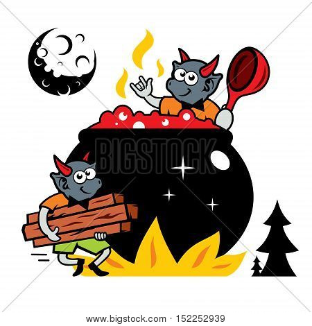Devilry mix the potion in a boiling cauldron. Isolated on a white Background