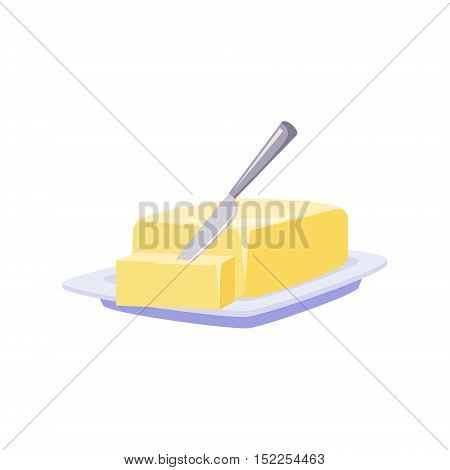 Brick Of Butter On Plate With Knife, Milk Based Product Isolated Icon. Simple Realistic Flat Vector Colorful Drawing On White Background.