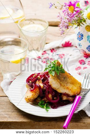 Fish Fillets in a Sweet-and-Sour Sauce.seletive focus