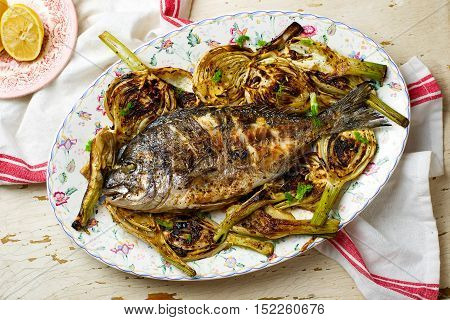Grilled Fish with Fennel . seletive focus