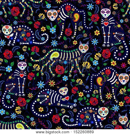 Seamless pattern with calavera cats and sugar skills for Day of the Dead, Dia de los Muertos