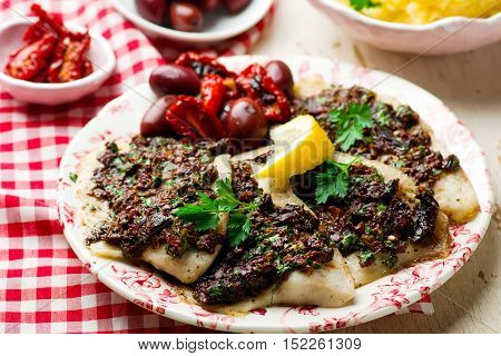 Mediterranean Spiced Fish Fillets . seletive focus