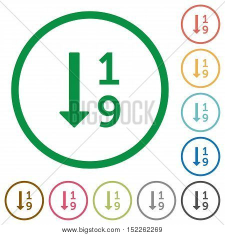 Set of Ascending numbered list color round outlined flat icons on white background
