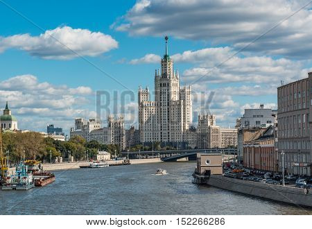 View on Moskvoretskaya Embankment Bolshoy Ustinsky Bridge and Kotelnicheskaya Embankment High-Rise Building in Moscow Russia