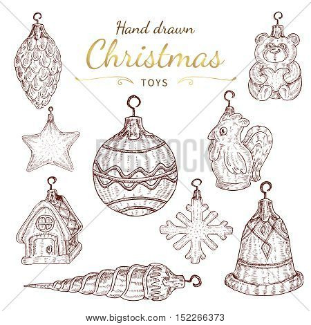 Christmas tree toys set in hand drawn style.