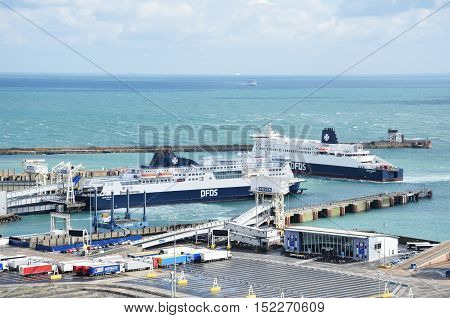 Dover United Kingdom - October 1 2016: Overlooking Dover Harbour with two boats from Castle