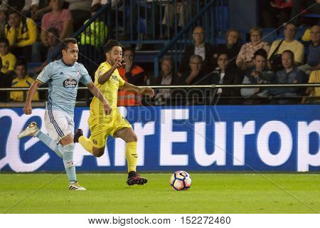 VILLARREAL, SPAIN - OCTOBER 16th: (L) Orellana adn Costa during La Liga soccer match between Villarreal CF and R.C. Celta de Vigo at El Madrigal Stadium on October 16, 2016 in Villarreal, Spain
