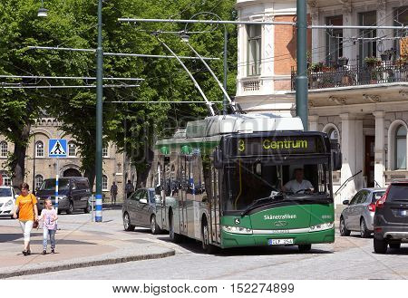 Landskrona ,Sweden - May 31, 2013: A green trolleybus in service for the public transport company Skanetrafiken.