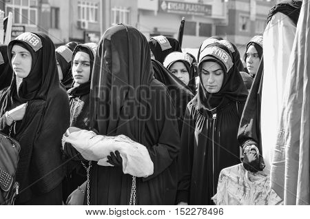 Istanbul Turkey - October 11 2016: Muslims worldwide marks Ashura Istanbul Shiite community. Caferis take part in a mourning procession marking the day of Ashura in Istanbul's Halkali region Turkey on October 11 2016. 