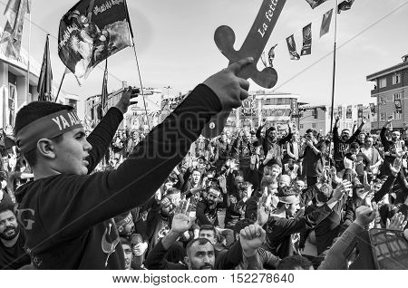 Istanbul Turkey - October 11 2016: Muslims worldwide marks Ashura Istanbul Shiite community. Caferis take part in a mourning procession marking the day of Ashura in Istanbul's Halkali region Turkey on October 11 2016. 