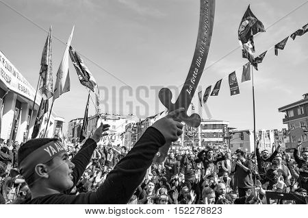 Istanbul Turkey - October 11 2016: Muslims worldwide marks Ashura Istanbul Shiite community. Caferis take part in a mourning procession marking the day of Ashura in Istanbul's Halkali region Turkey on October 11 2016. 