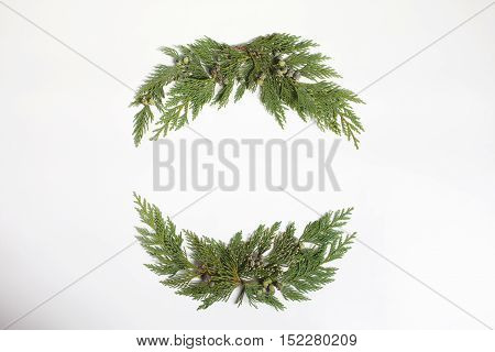 Christmas concept - frame wreath with evergreen Cupressus nootkatensis leaves. Flat lay top view.