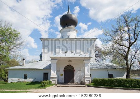 Medieval church of the Dormition of the Mother of God with Paromen'ya, cloud may day. Pskov, Russia