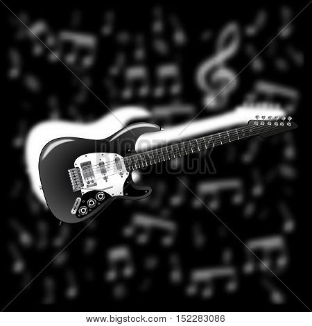 an electric guitar on a black and white blurred Vaughan notes