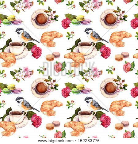 Coffee or tea pattern with flowers cherry, rose flower , cups, croissants and macaroon cakes. Watercolor in french style. Teaparty seamless background
