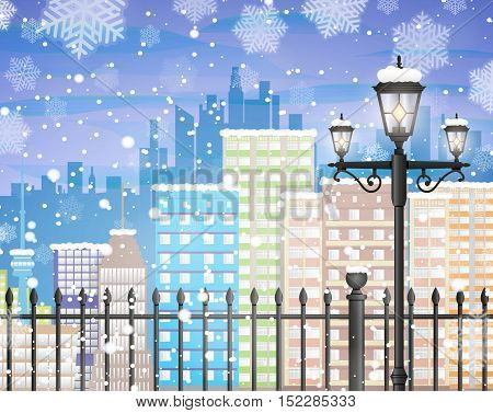 Winter background with city scape silhouette, iron fence, street lamp, snow and snowflakes, template for greeting or postal card new year, vector illustration