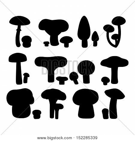 Vector mushrooms black silhouettes isolated on white background set