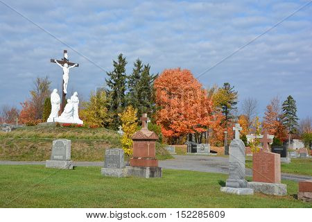 GRANBY QUEBEC CANADA 10 18 2016: Roman Catholic Cemetery (Granby) This is the old Roman Catholic cemetery of Granby. It is still active but there is also a modern cemetery in the town.