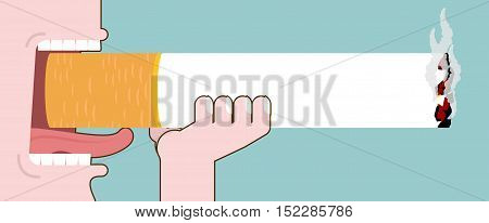 Smoker And Large Cigarettes. Open Mouth. Smoking Kills, Harms Health
