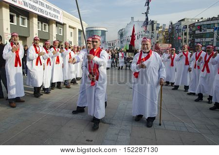 Istanbul Turkey - October 11 2016: Muslims worldwide marks Ashura Istanbul Shiite community. Caferis take part in a mourning procession marking the day of Ashura in Istanbul's Kucukcekmece district Turkey on October 11 2016. Caferi Muslims are observing