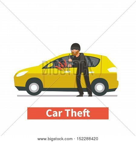 Thief steals a car. Vector cartoon illustration.