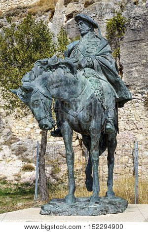 Morella Spain - October 16 2016: Equestrian statue of Ramon Cabrera at Castell de Morella. Province of Castellon Valencian Community Spain.