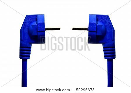 Blue electrical plug and electrical cord isolated on white background.