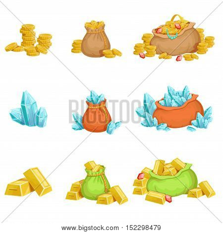 Treasure And Riches Set OF Game Design Elements. Cute Cartoon Style Illustrations With Gold, Jewels And Gems Isolated On White Background.