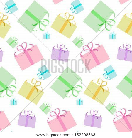 seamless pattern of colored gift boxes with bow on a white background, vector illustration