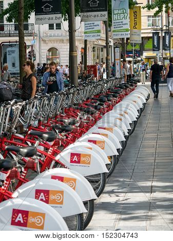 ANTWERP, BELGIUM - 10 SEPT. 2016: Bicycle parking for rental bikes in Antwerp, Belgium. 'Velo' is one of the largest bike rental systems in the world.