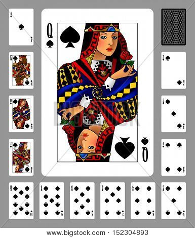 Playing cards of Spades suit and back on green background. Colorful original design. Vector illustration