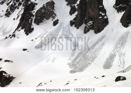 Snow Mountain With Traces From Avalanche In Spring Day