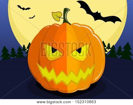 Pumpkin for Halloween on background of the full moon. Pumpkin with an evil smile, bats